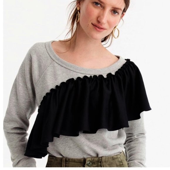 J. Crew Small Grey Crewneck Black Ruffle Sweatshirt NEW WITH TAGS - Picture 2 of 8